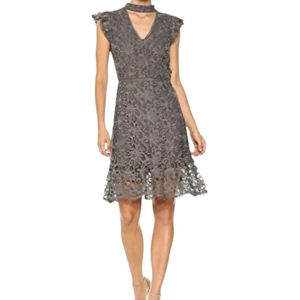 JOA Dress SZ M Gray Lace Overlay Choker Neck Zipper Knee Length Event New w Tags